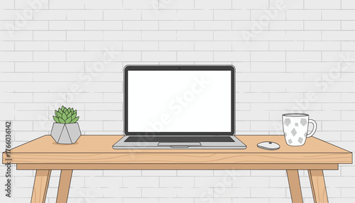 A minimalist vector illustration of an open laptop with a blank white screen, a computer mouse, a patterned mug, and a small potted succulent plant on a light wooden desk against a white brick wall