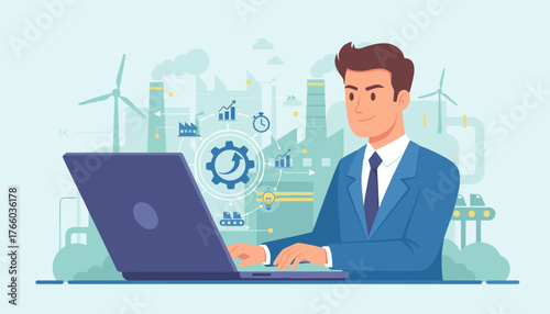Modern businessperson using a laptop to manage industrial processes and boost productivity, symbolizing innovation and efficiency with icons of gears, charts, and factories in a clean, vector graphic