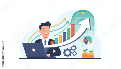 Successful businessman working on a laptop, surrounded by visual representations of profit increase, investment growth, and business progress, symbolizing financial success and upward trends in a
