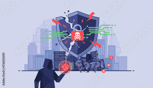 Cybersecurity threat concept: A hooded hacker orchestrates a ransomware malware attack, causing a digital data breach with a cracked shield, skull and crossbones symbol, and destroyed servers against