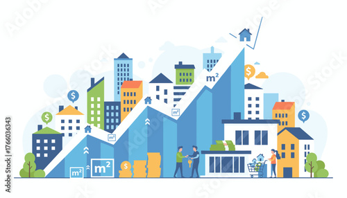Conceptual illustration of a thriving real estate business, showcasing growing property values with rising charts, stacks of coins, and modern buildings, symbolizing investment and success in the