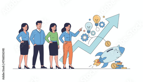 Team of professionals standing confidently with a rocket ship, lightbulbs, gears, and an upward trending graph symbolizing business growth, innovation, and financial success on a clean white