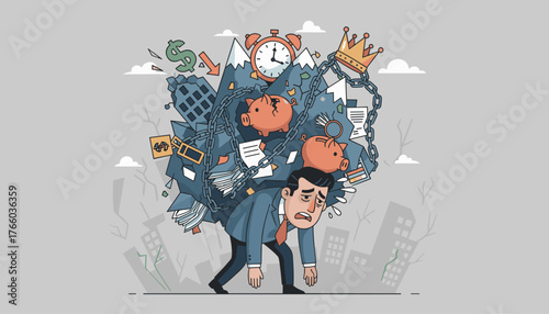 Overwhelmed businessman struggling under a heavy load of financial burdens, debt, and stress, symbolized by chains, piggy banks, documents, and buildings, representing the crushing weight of economic