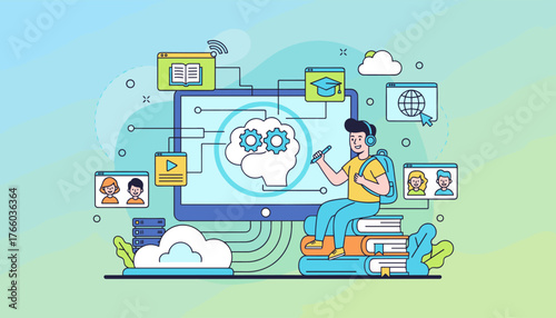 Vivid vector illustration depicting the concept of online elearning and digital education, featuring a student with headphones sitting on books, engaging with a computer screen displaying a brain