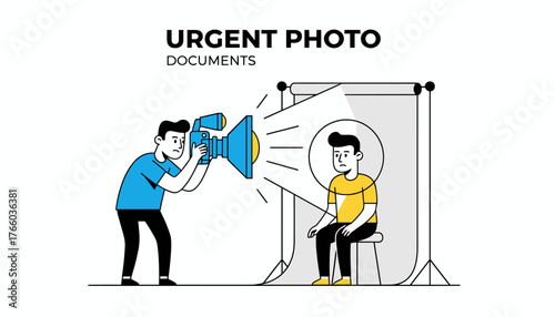 Flat vector illustration depicting a photographer in a blue shirt holding a large camera, capturing an urgent photo of a man in a yellow shirt sitting on a stool against a white backdrop, emphasizing