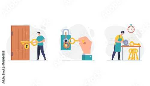 Flat vector illustration depicting the concept of opening doors with keys, showcasing a person unlocking a door, a hand inserting a key into a mechanical lock with gears, and a locksmith crafting