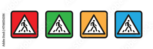 Pedestrian Crossing Traffic Sign Icons Set in Red, Green, Yellow, and Blue Colors, Vector Illustration