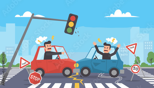 Vector illustration of a car accident in a flat style, depicting two angry drivers in red and blue cars arguing at an intersection with a broken traffic light, stop and yield signs, and city