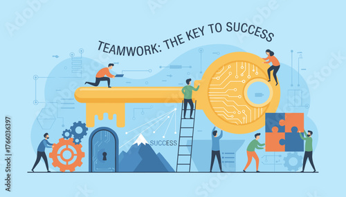Teamwork is the key to success, illustrated by a group of diverse people collaborating to assemble a giant golden key, symbolizing achievement and shared goals, with gears, puzzles, and a mountain
