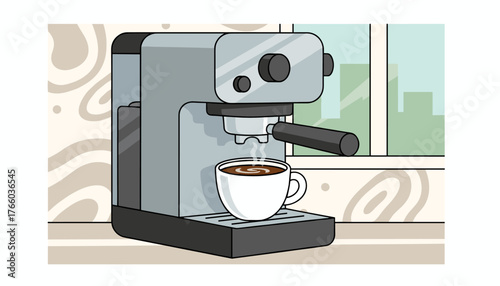 A steaming cup of freshly brewed espresso sits on a modern, sleek espresso machine, with a city skyline visible through the window in the background, creating a cozy and inviting morning scene.