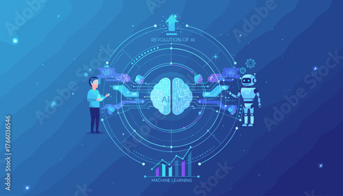 Futuristic digital illustration depicting the symbiotic relationship between artificial intelligence and humans, showcasing a brain graphic with AI circuitry, a robot, and a person interacting with