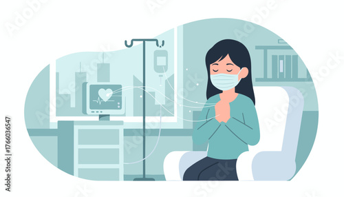 A young Asian woman wearing a face mask sits in a hospital bed, praying with her hands clasped, receiving IV treatment, with a heart monitor displaying vital signs in the background, symbolizing hope