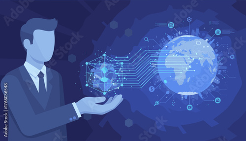 Abstract AI cube held in a businessman's hand, symbolizing the future of business, global technology, data networks, and digital transformation with interconnected nodes and circuits against a dark