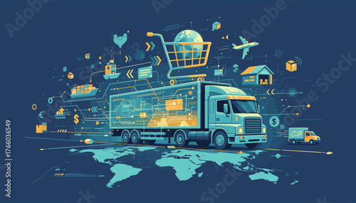 Abstract digital logistics and transportation concept with a truck, shopping cart, globe, airplane, ship, and various icons representing global commerce, supply chain, and e-commerce on a world map
