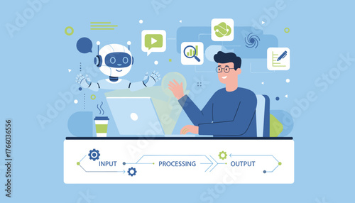 Vivid illustration of AI automation processing technology, featuring a friendly robot and a man working together on a laptop, symbolizing input, processing, and output with icons representing data
