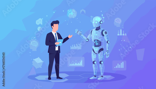 Futuristic concept of artificial intelligence and human collaboration, a businessman in a suit interacts with a sophisticated robot, surrounded by abstract technological elements, data