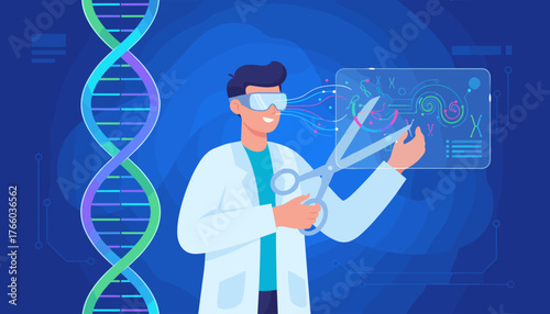 Vivid illustration of a scientist wearing VR goggles, interacting with a luminous DNA molecule and a futuristic holographic interface displaying genetic data, symbolizing scientific research and