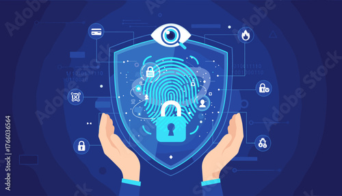 Digital security concept illustration with a fingerprint scan, a padlock, and an eye with a magnifying glass, surrounded by abstract network lines and icons representing data protection, privacy, and