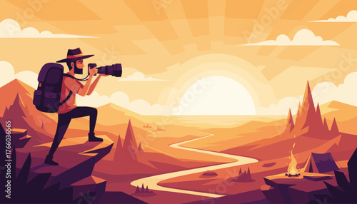 Adventurous photographer with a backpack and camera captures a stunning desert landscape at sunrise, with a winding river, mountains, a campfire, and tents, evoking a sense of exploration and travel.