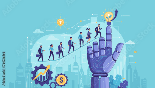 AI artificial intelligence helping and supporting business growth and success with people climbing stairs towards a bright idea lightbulb on a robotic hand, symbolizing progress and innovation in the