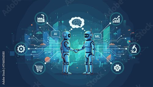 Futuristic digital illustration depicting two advanced robots, one labeled AI and the other ML, shaking hands in a collaborative gesture, symbolizing the synergy between artificial intelligence and