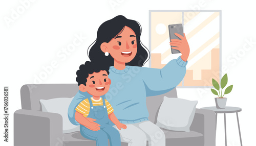 A joyful Asian mother and her young son are happily taking a selfie together while sitting on a comfortable sofa in their living room, capturing a precious family moment with a smartphone