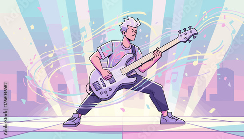 Dynamic bass guitarist performing on stage with a vibrant, pastel-colored background featuring abstract musical notes, confetti, and city skyline silhouettes, capturing the energy of a live music