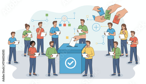 Diverse group of people casting votes in a blue ballot box, symbolizing democratic elections and civic participation, with abstract flowchart elements in the background, representing decision-making