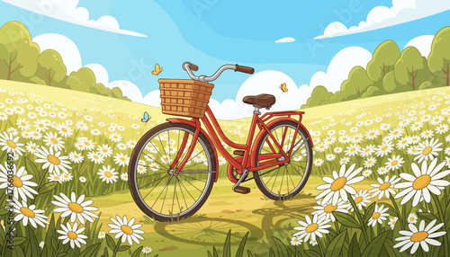 Charming red bicycle with a woven basket parked in a sun-drenched meadow overflowing with delicate white daisies and vibrant green grass, under a bright blue sky with fluffy white clouds and