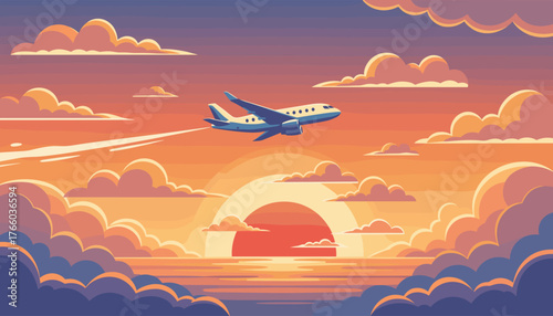 Captivating vector illustration of a commercial airplane soaring through a vibrant sunset sky, surrounded by dramatic, colorful clouds over a serene body of water, evoking a sense of travel and
