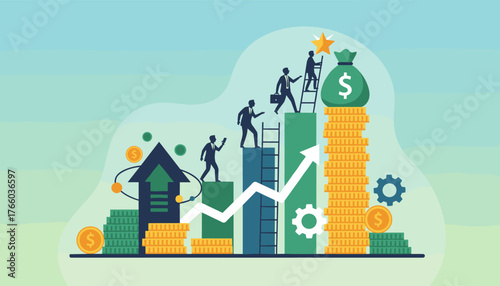 Conceptual illustration of business growth and financial success, depicting a career ladder with silhouetted figures ascending towards a money bag and a golden star, symbolizing profit, investment
