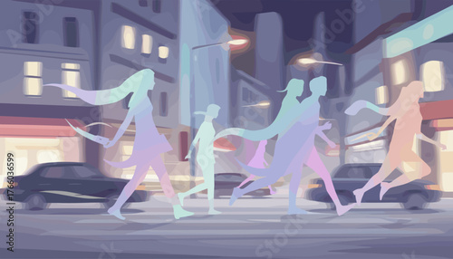 Blurred motion of diverse people walking across a city street at dusk, rendered in a vibrant, pastel gradient silhouette style, with cars and buildings in the background, evoking a sense of urban