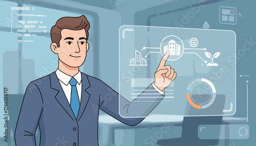 A smiling businessman in a suit and tie interacts with a futuristic holographic interface, touching an icon representing a franchise or business network, symbolizing growth, technology, and modern