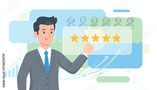 A smiling businessman in a suit and tie is touching a virtual screen displaying five golden stars and customer satisfaction icons, symbolizing excellent service and positive feedback, with upward