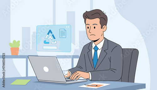 A concerned businessman in a suit sits at his desk, intently typing on a laptop, with a futuristic holographic display showing a recycling symbol and document icon, symbolizing environmental