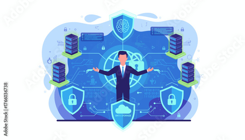 Businessman standing in front of a global network with servers and security shields, representing advanced cyber security technology and data protection in a vivid, futuristic digital landscape.