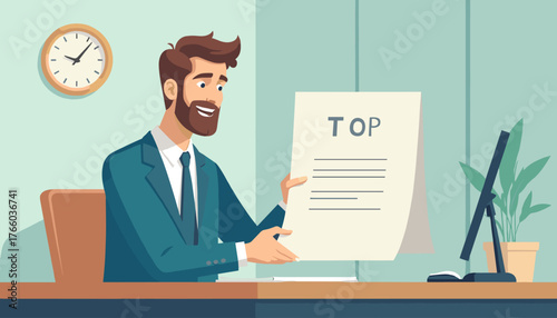 Smiling businessman in a suit holding a document with the word "TOP" and lines, representing top service or best performance, in a modern office setting with a clock and computer, conveying success