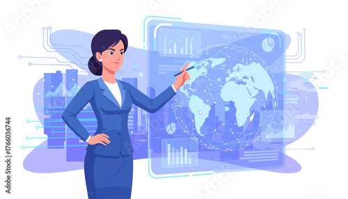 Professional businesswoman in a blue suit points to a holographic digital globe with interconnected nodes, analyzing global network structure and data analytics, representing international business