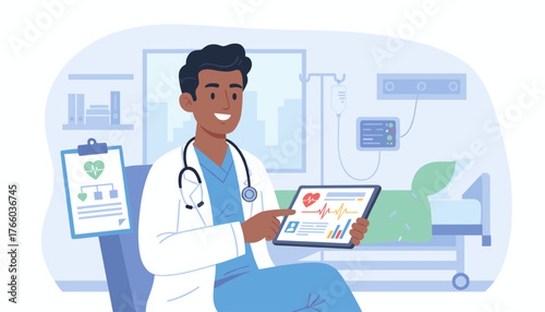Smiling male cardiologist wearing a white coat and stethoscope, sitting in a hospital room and analyzing patient data on a tablet, with a medical chart and hospital bed in the background