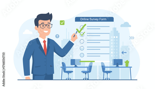 Smiling businessman in a blue suit and red tie points with a pen to a completed online survey form with checkmarks, representing successful task completion and business strategy in a modern office
