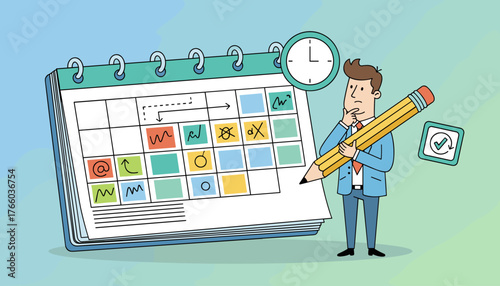 A thoughtful businessman in a blue suit holds a large yellow pencil, contemplating a detailed calendar schedule filled with colorful event markers, reminders, and task symbols, symbolizing planning
