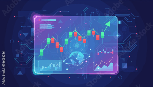 Vibrant digital illustration of a futuristic stock market trading interface displaying candlestick charts with upward trending arrows and global data visualizations, symbolizing financial growth and