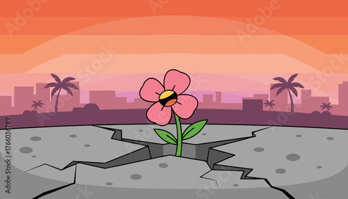 A vibrant pink flower with a yellow center pushes through a large crack in a grey, concrete street, symbolizing resilience and hope against urban decay, with a stylized city skyline and palm trees