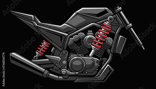 Detailed close-up illustration of a modern motorcycle's engine and suspension system, featuring prominent red shock absorbers and intricate mechanical components against a stark black background