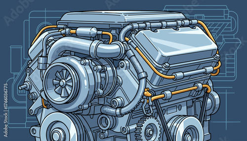 Detailed illustration of a modern car engine's internal combustion components, featuring a turbocharger, gears, belts, and intricate piping, presented in a blueprint-style schematic against a deep