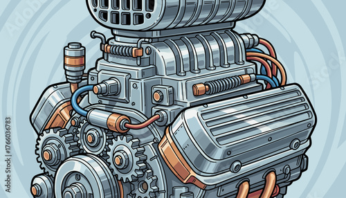 Detailed close-up illustration of a powerful, shiny metal car engine component, featuring a supercharger, gears, and colorful wires, rendered in a clean, graphic style against a light blue