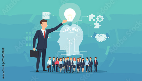 Successful business leader with briefcase points to a glowing light bulb above a stylized human head silhouette, symbolizing innovation and strategy, surrounded by a team and business icons like