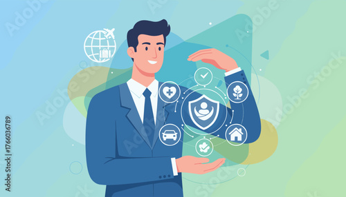 Concept of protection and insurance, a smiling businessman in a suit holds icons representing health, car, home, environment, and travel, symbolizing comprehensive coverage and security for various