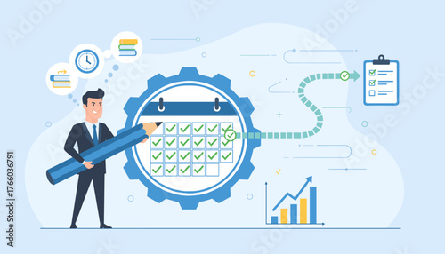 Business planning and strategy concept with a man in a suit holding a large pencil, marking tasks on a calendar within a gear, symbolizing consistency, discipline, and effective time management for
