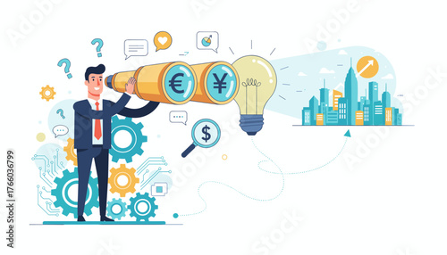 A businessman in a suit looks through binoculars with currency symbols (Euro, Yen) and a lightbulb symbolizing creativity and ideas, while gears and circuit board elements suggest business strategy